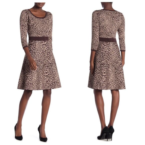 NWT NINA LEONARD MOBWIFE LEOPARD PRINT FIT & FLATE KNIT COCKTAIL DRESS LARGE